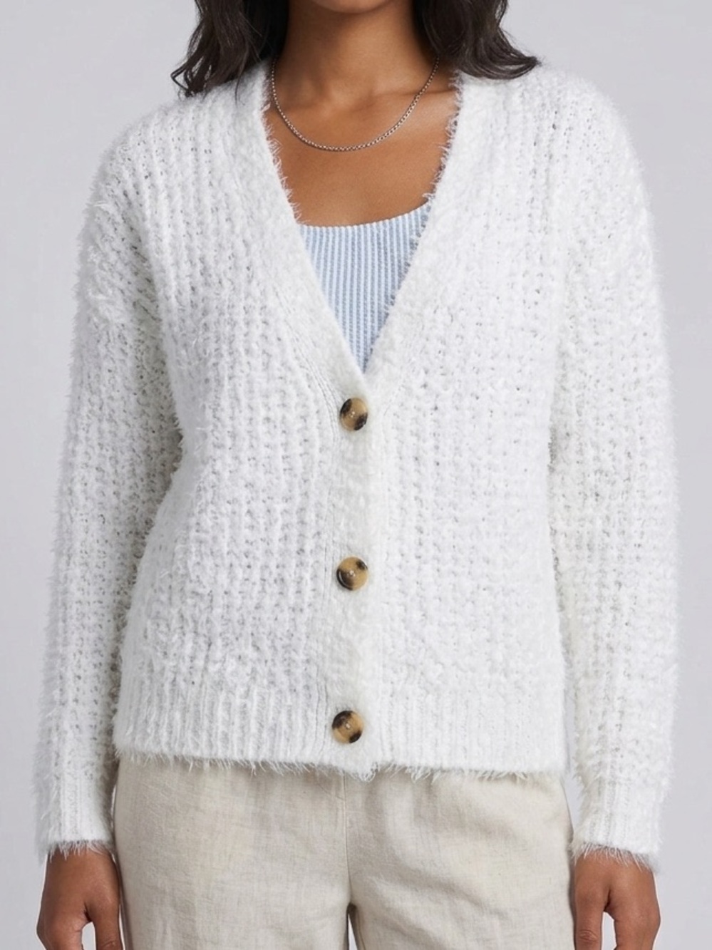 Catherine Malandrino White Fuzzy Eyelash Knit Tortise Button Front Cardigan L
